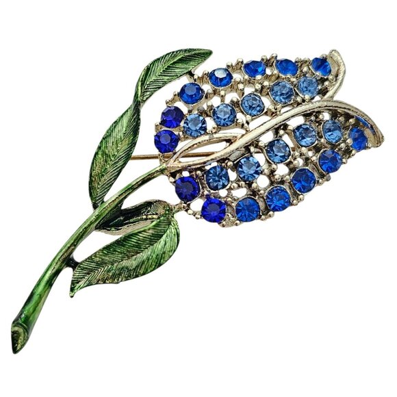 Vintage Blue Rhinestone Tulip Brooch, Mid Century New Old Stock Pin - Picture 1 of 8